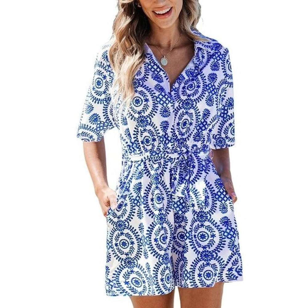 Cupshe White & Blue Printed Short Sleeve Romper